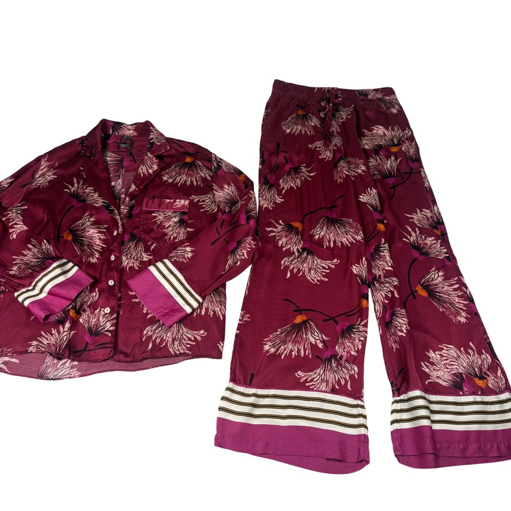 Anthropologie Floral Satin Pajama Set Womens XS Burgundy Pink Boho Loungewear